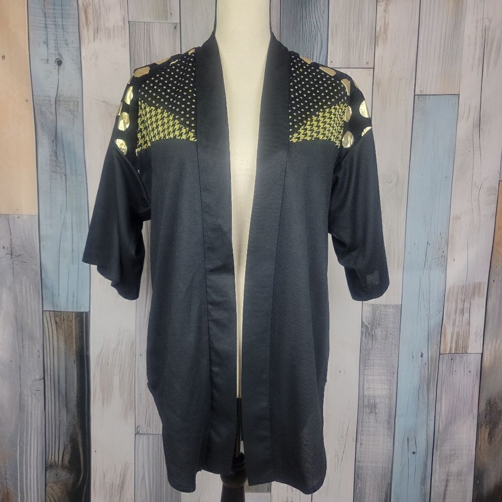 Vintage Vicky Vaughn Black Gold Geometric Open Front Cardigan Duster Shirt M L